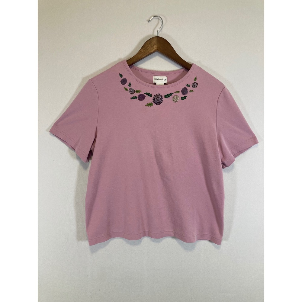 Cottagecore Breckenridge Womens L Pink Floral Embroidered Neckline Short Slv Tee